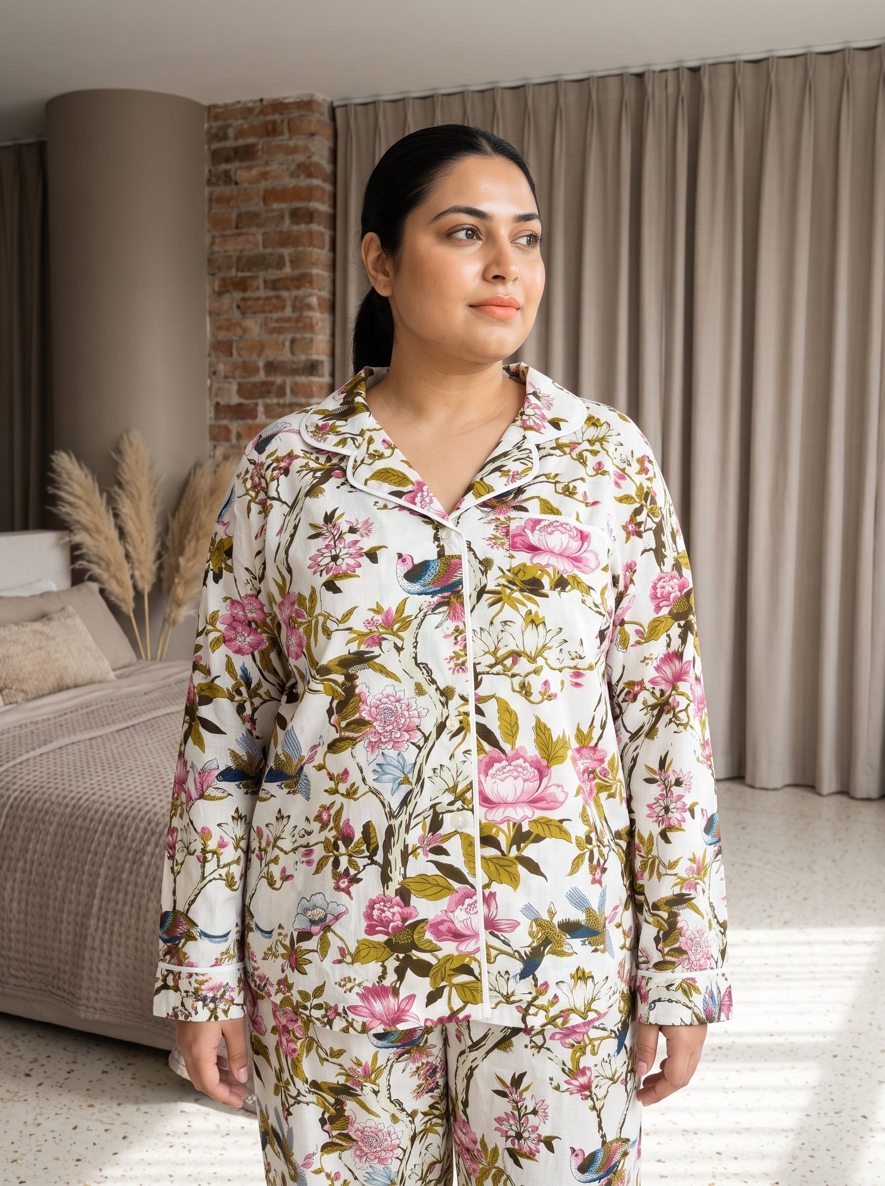 Off-White Floral and Bird Print Lapel Collar Cotton Plus Size Night Suit For Women