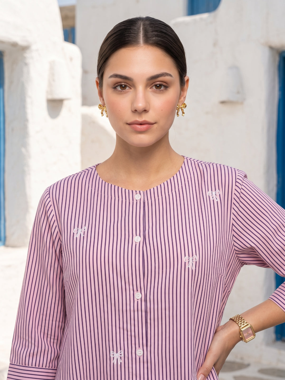 Pink Round Neck Striped Embroidered Pure Cotton Co-Ord Set For Women