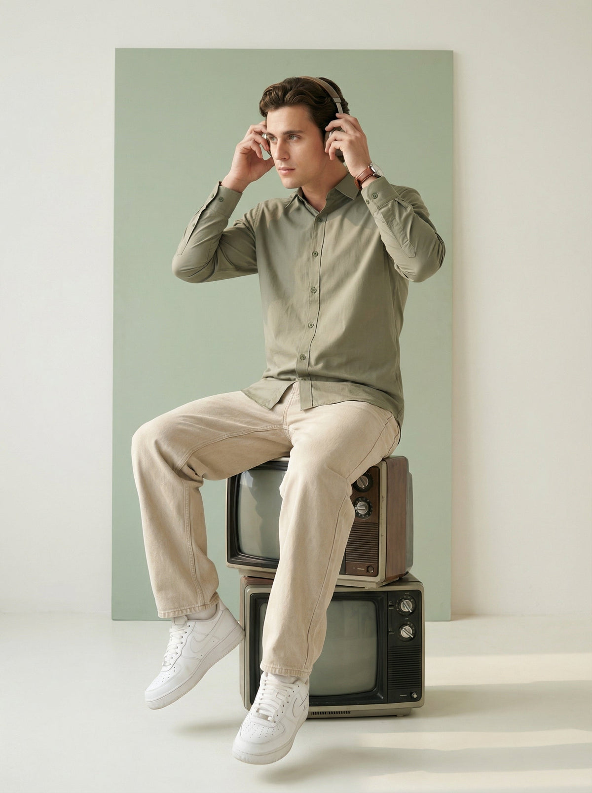 Olive Band Collar Solid Pure Cotton  Shirt For Men