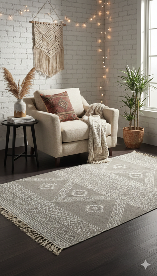 Hand-Block Printed Geometric Cotton Rug