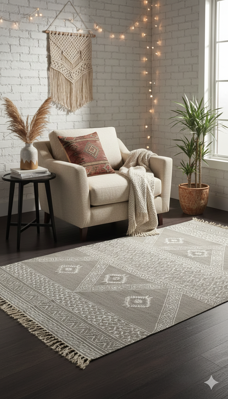 Hand-Block Printed Geometric Cotton Rug