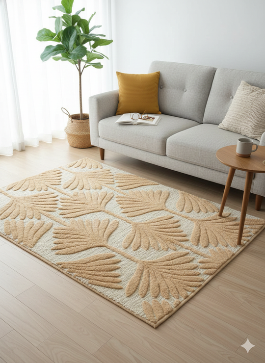 Beige Leaf Motif Woven Cotton Jute Tufted Rug with Fringed Edges
