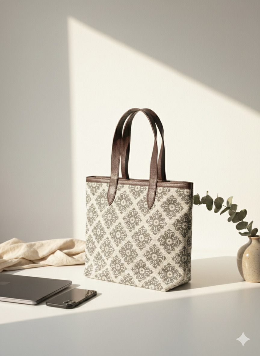 Beige Floral print Cotton Tote bag for Women