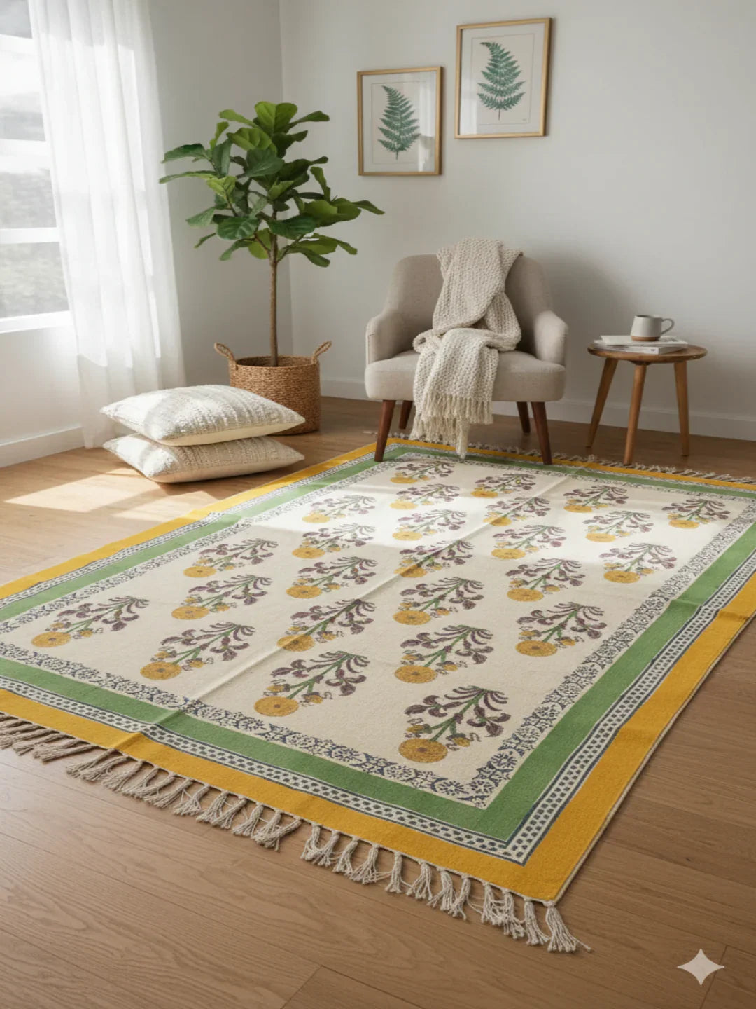 Yellow & Green Block Printed Cotton Area with Fringed Edges Rug - SanskrutiHomes 