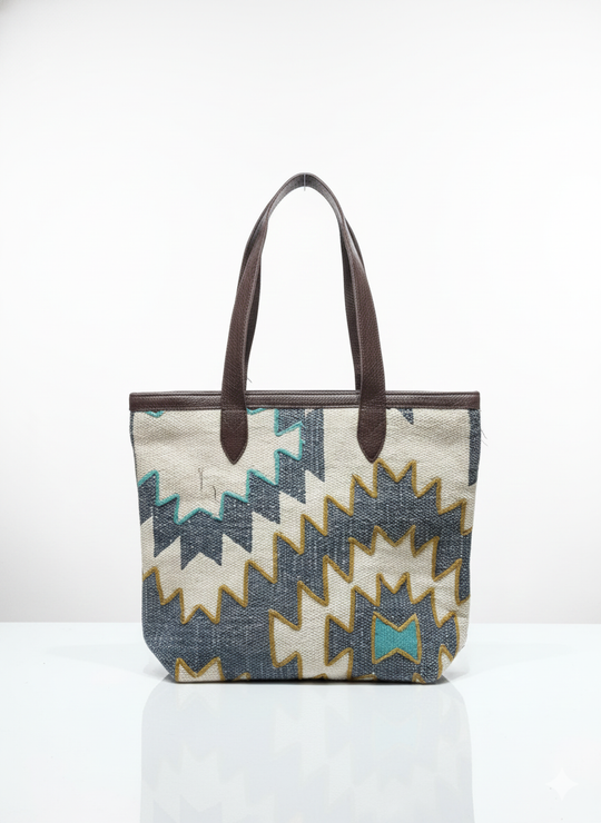 Multi color Geometric Print with Brown Handle Tote Bag for Women