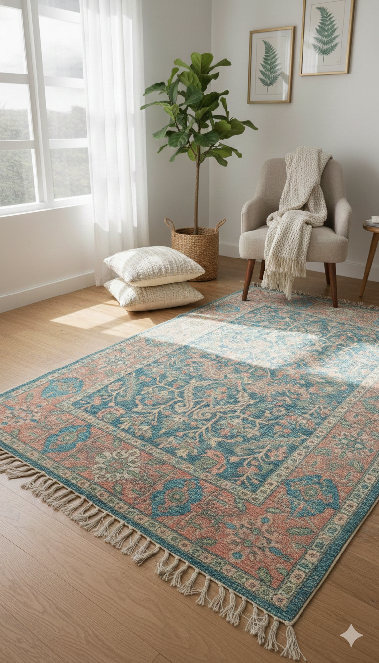 Teal Woven Digital Print Polyester fringed edges Rug