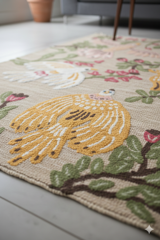 Multi Color Floral Print Woven Cotton Jute tufted Rug
