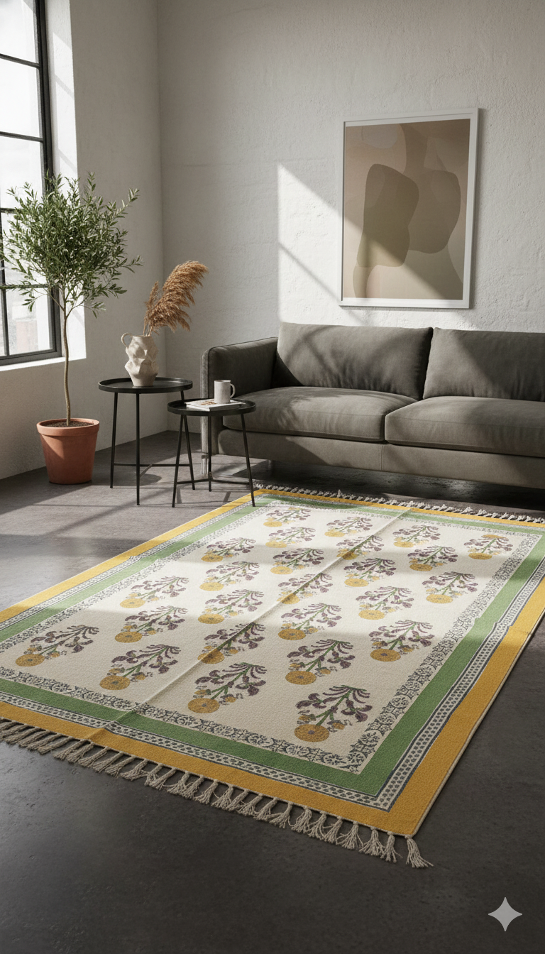 Yellow & Green Block Printed Cotton Area with Fringed Edges Rug