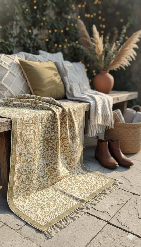 Beige Cotton Abstract Block Print fringed edges Rugs