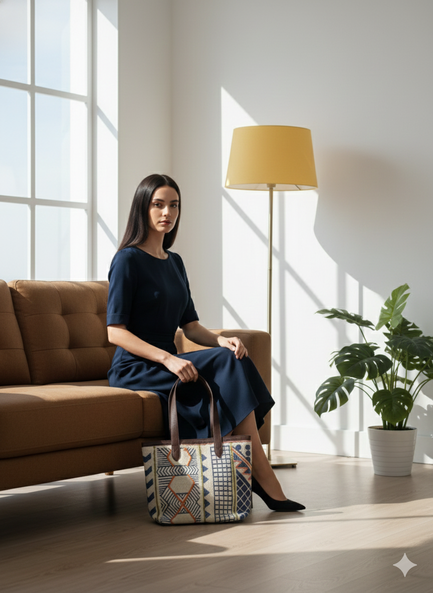 White Geometric Print Cotton Tote Bag with Brown Shoulder Straps for Women