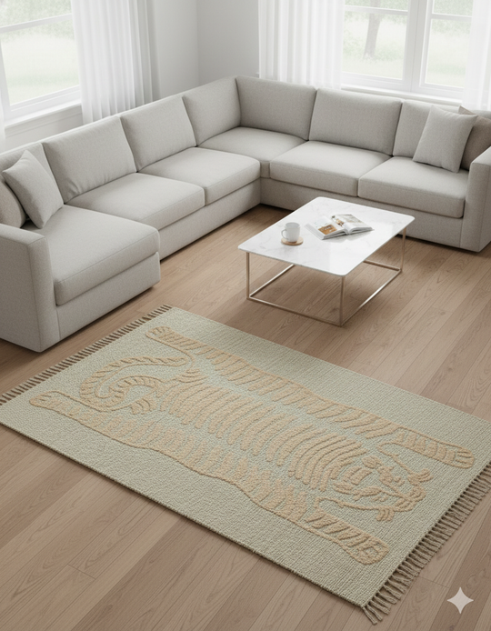 Beige Tiger Motif Tufted Cotton Jute Rug with Fringed Edges