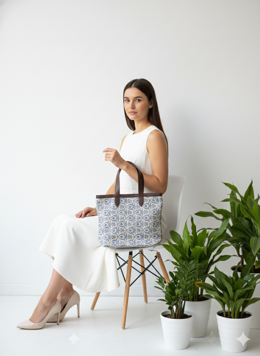 Grey Ethnic Print Cotton Tote Bag for Women