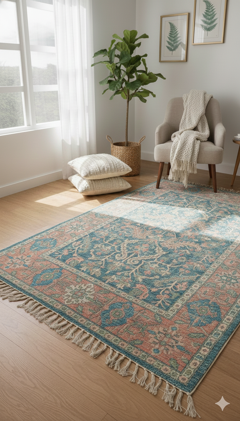 Teal Woven Digital Print Polyester fringed edges Rug