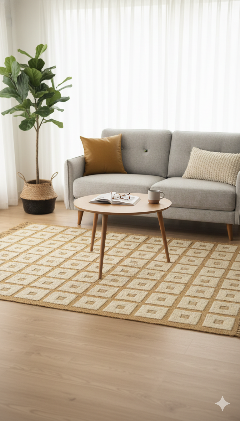 Beige Geometric Grid Woven Cotton Jute Rug with Fringed Edges