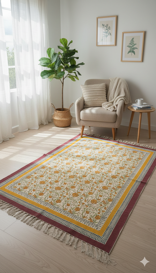 Orange Block Print Cotton fringed edges Rug