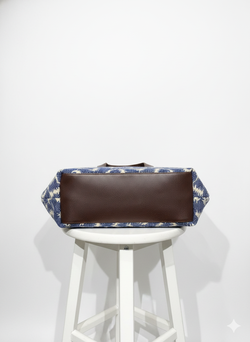 Blue Geometric Print with Brown Handle Cotton Tote Bag for Women