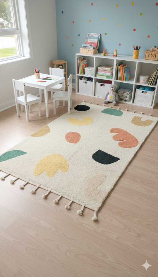 White Abstract Print Cotton Tufted Tassels Rug