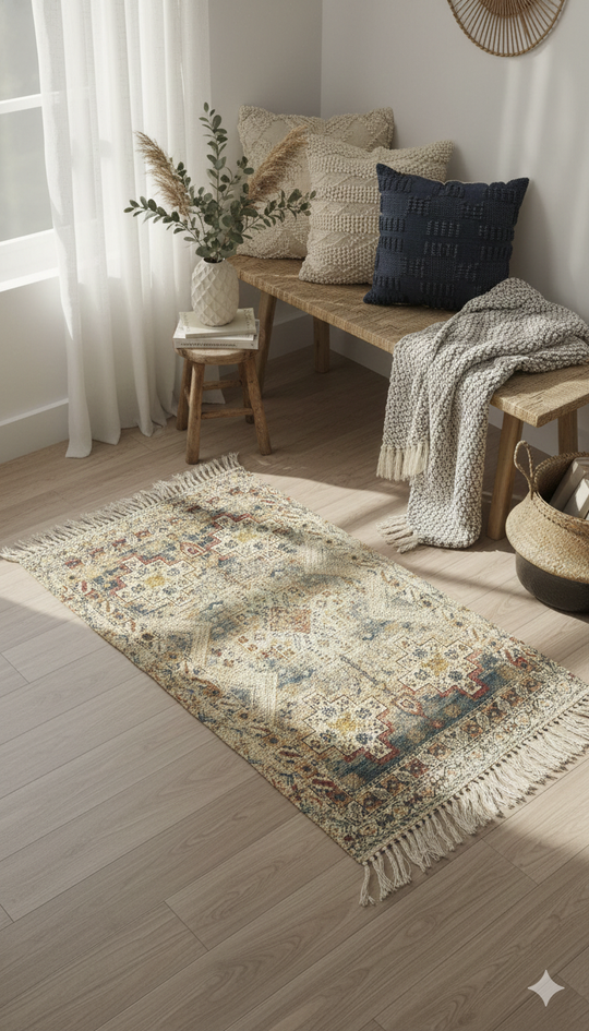 Beige  Geometric Cotton Woven Digital Print Polyester Fringed Edges Rug