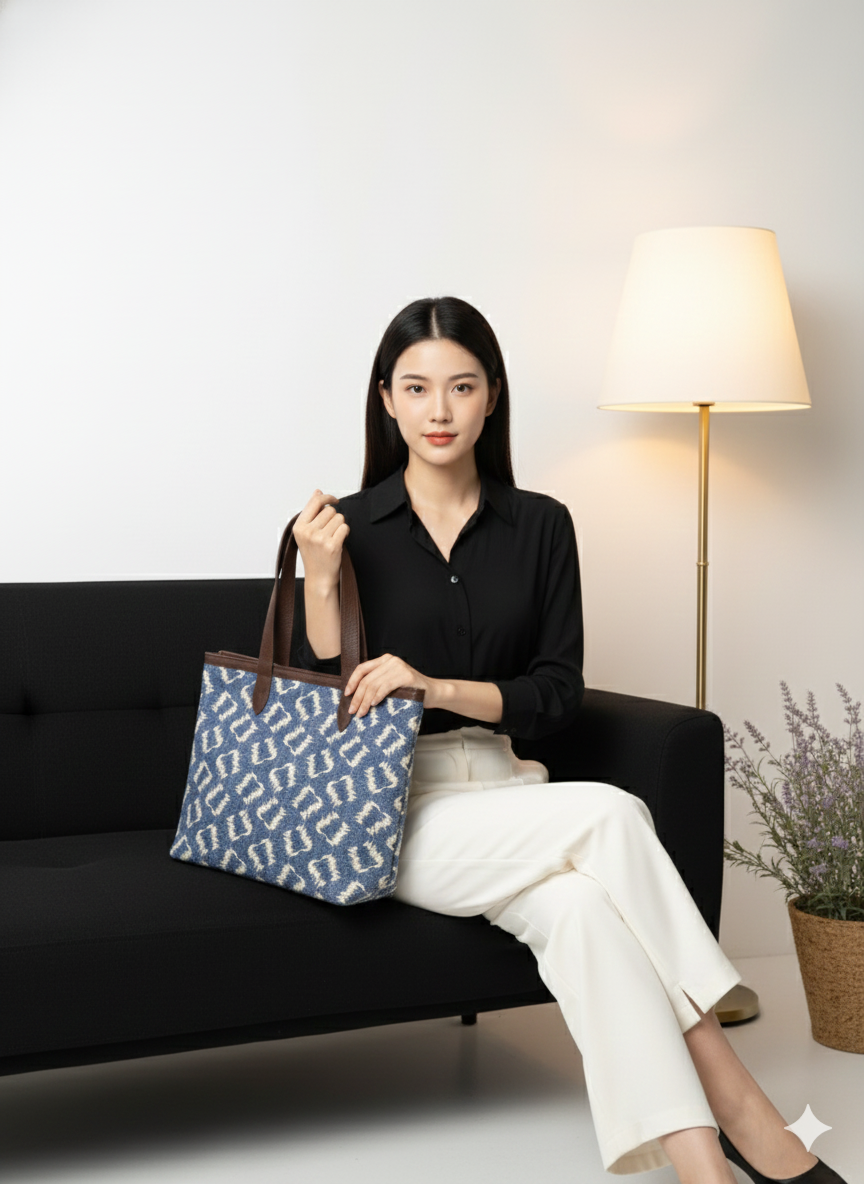 Blue Geometric Print with Brown Handle Cotton Tote Bag for Women