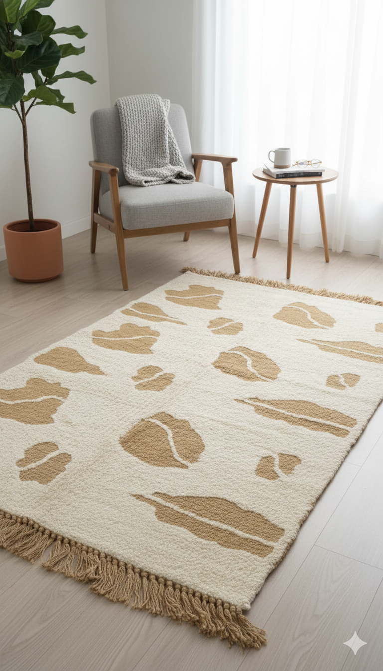 Beige Abstract Motif Woven Cotton Jute Rug with Fringed Edges