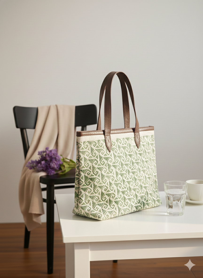 Green Geometric Print Cotton Tote Bag For Women