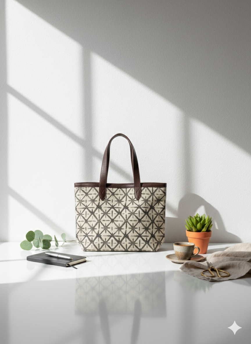 Beige Geometric Print Tote Bag with Brown Handles for Women