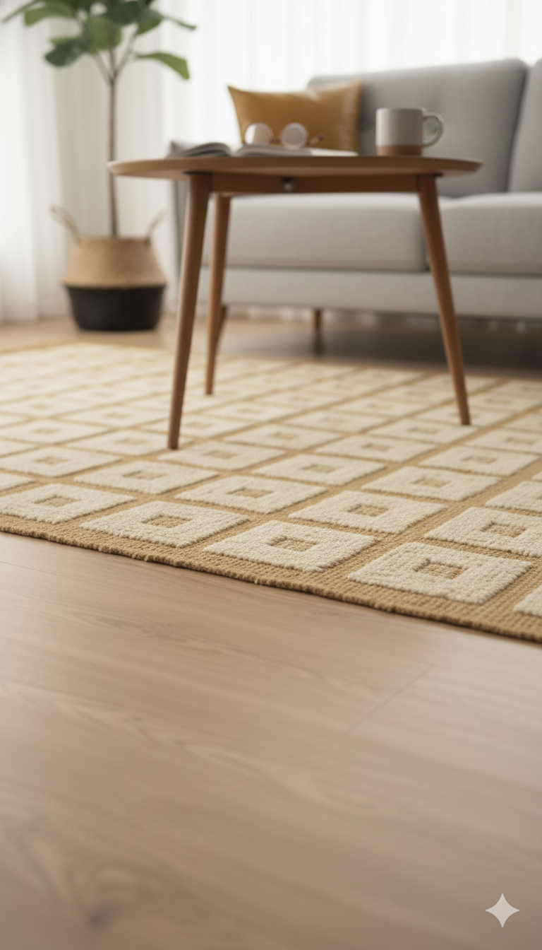 Beige Geometric Grid Woven Cotton Jute Rug with Fringed Edges
