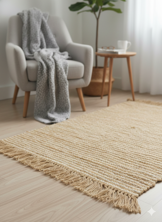 Beige Stripes Print Cotton and Jute Woven fringed edges Rug