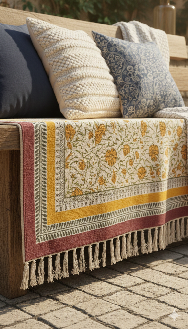 Orange Block Print Cotton fringed edges Rug