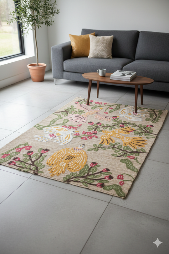 Multi Color Floral Print Woven Cotton Jute tufted Rug