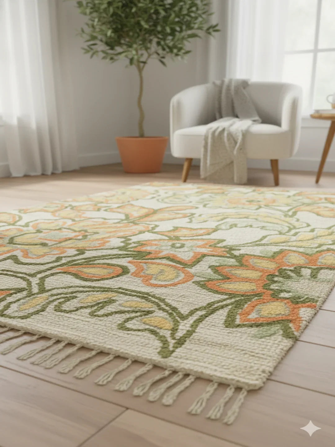 Beige Floral Vine Woven Cotton Jute Rug with Fringed Edges - SanskrutiHomes 