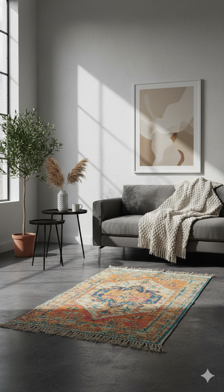 Orange Digital Geometric Woven Cotton Area with Tassels Fringed Edges Rug