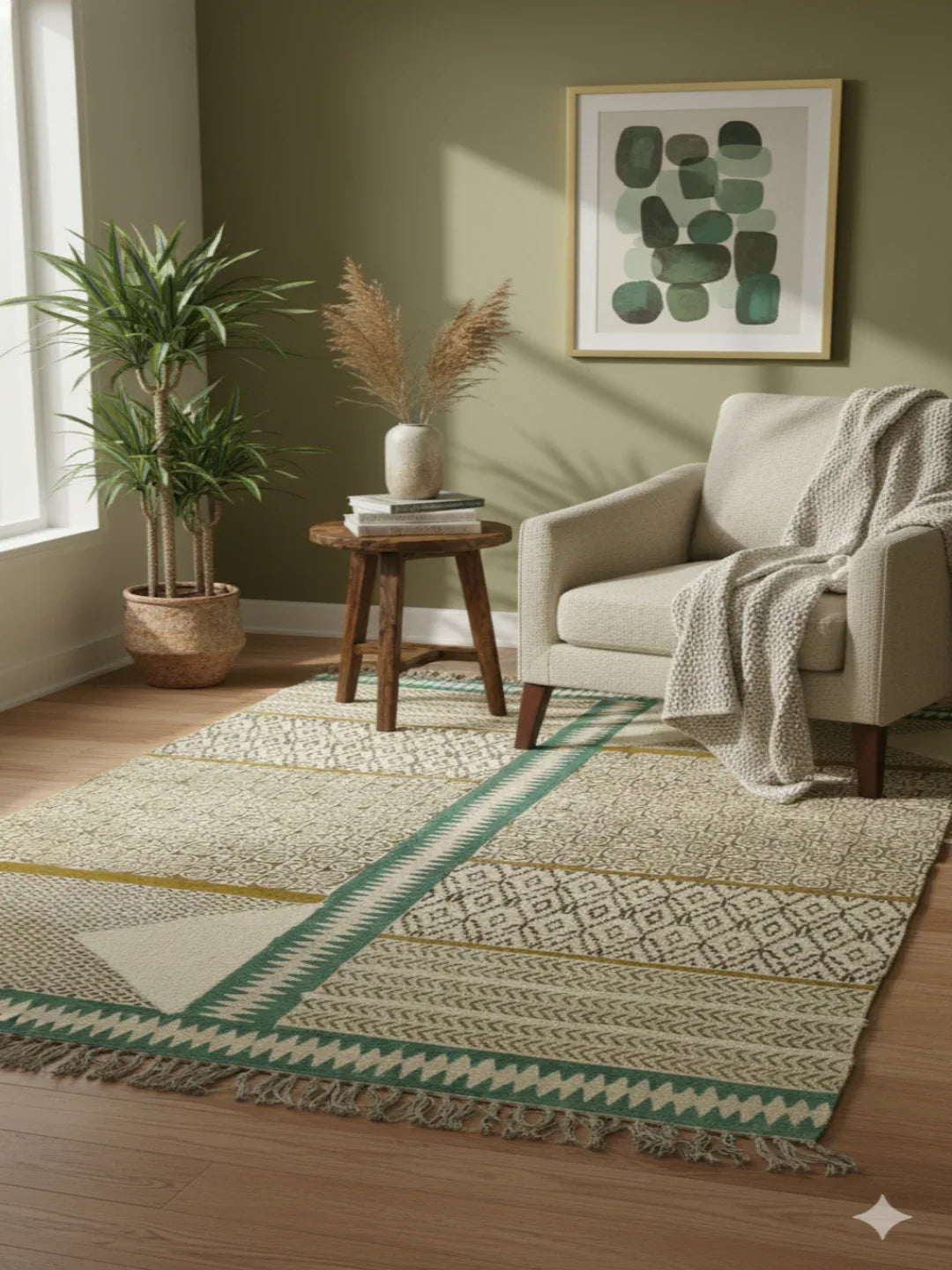 Beige Geometric Patchwork Polyester Woven with Fringed Edges Area Rug - SanskrutiHomes 