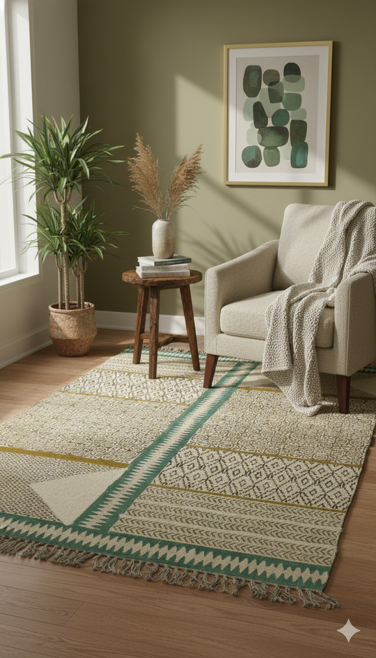 Beige Geometric Patchwork Polyester Woven with Fringed Edges Area Rug