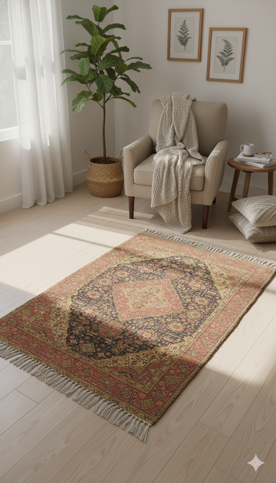 Rust  Polyester Woven Digital Print with Tassels and fringed edges Rug