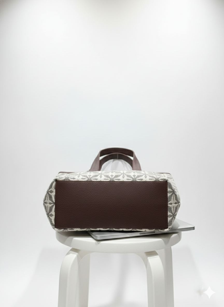 Coffee Brown Geometric Print With brown Shoulder Straps Cotton Tote Bag for Women