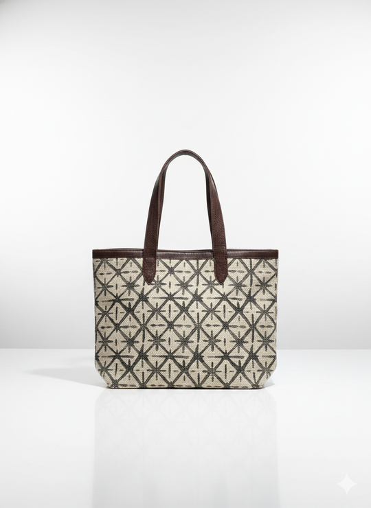 Beige Geometric Print Tote Bag with Brown Handles for Women