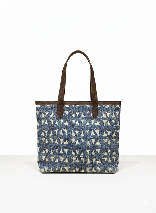 Navy Blue Ethnic Motif Print Cotton Tote Bag for Women