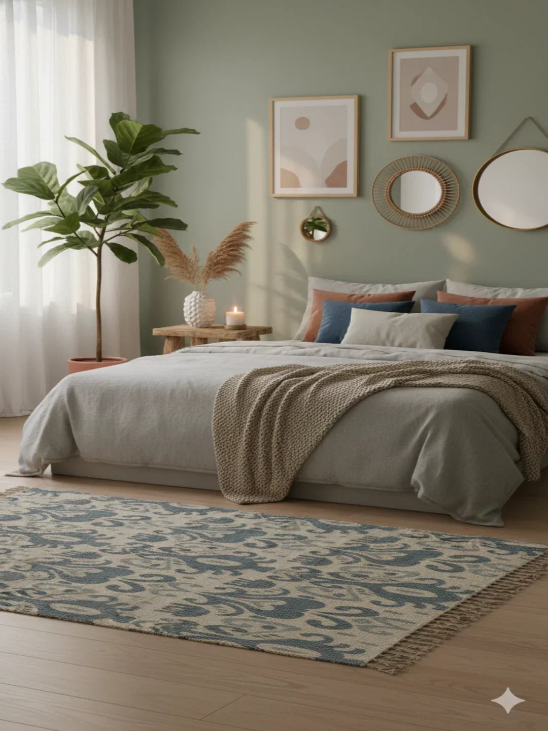 Off White & Slate Blue Geometric Cotton Woven Area with Fringed Edges Rug - SanskrutiHomes 