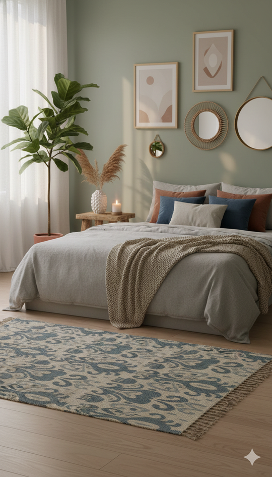 Off White & Slate Blue Geometric Cotton Woven Area with Fringed Edges Rug