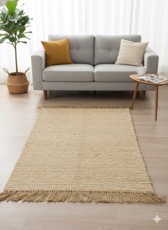 Beige Stripes Print Cotton and Jute Woven fringed edges Rug