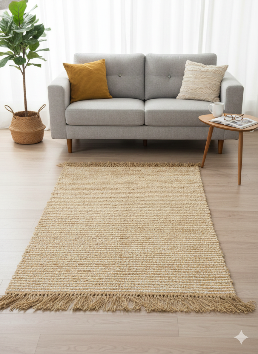 Beige Stripes Print Cotton and Jute Woven fringed edges Rug