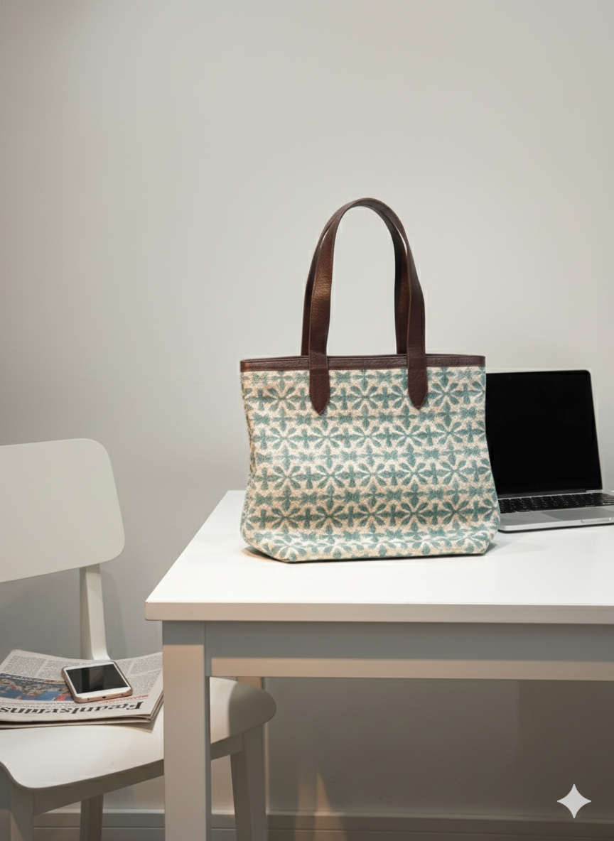 Sea Green Geometric print with Brown Shoulder Strap Tote Bag for Women
