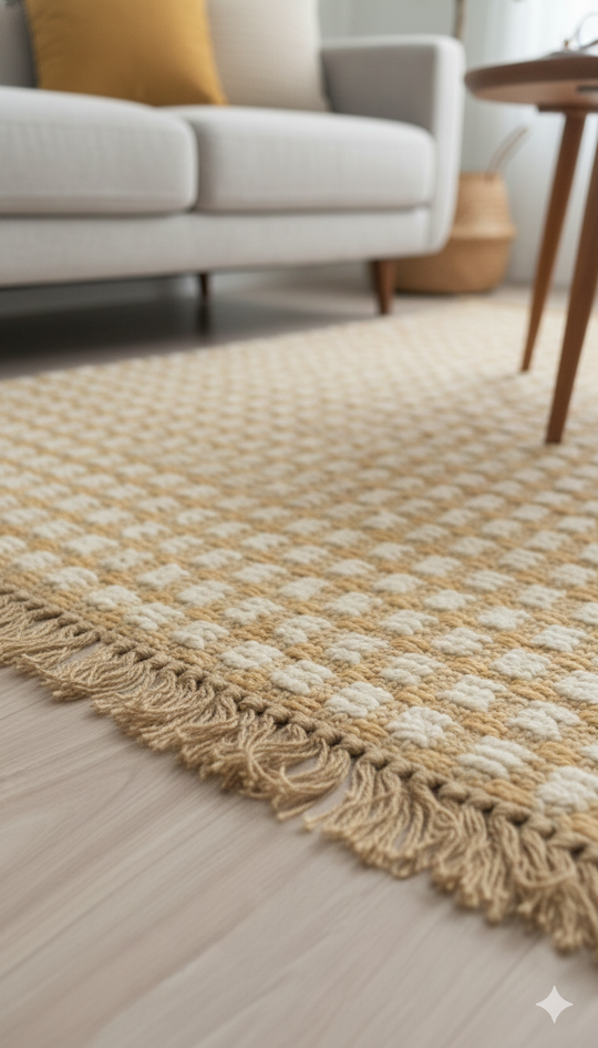 Brown Checks Print Woven Cotton Jute fringed edges Rug