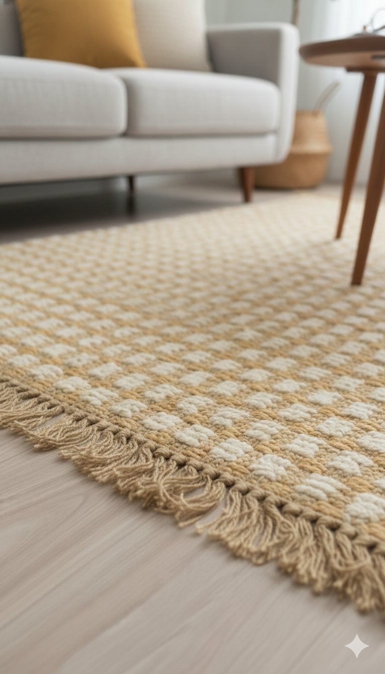 Brown Checks Print Woven Cotton Jute fringed edges Rug