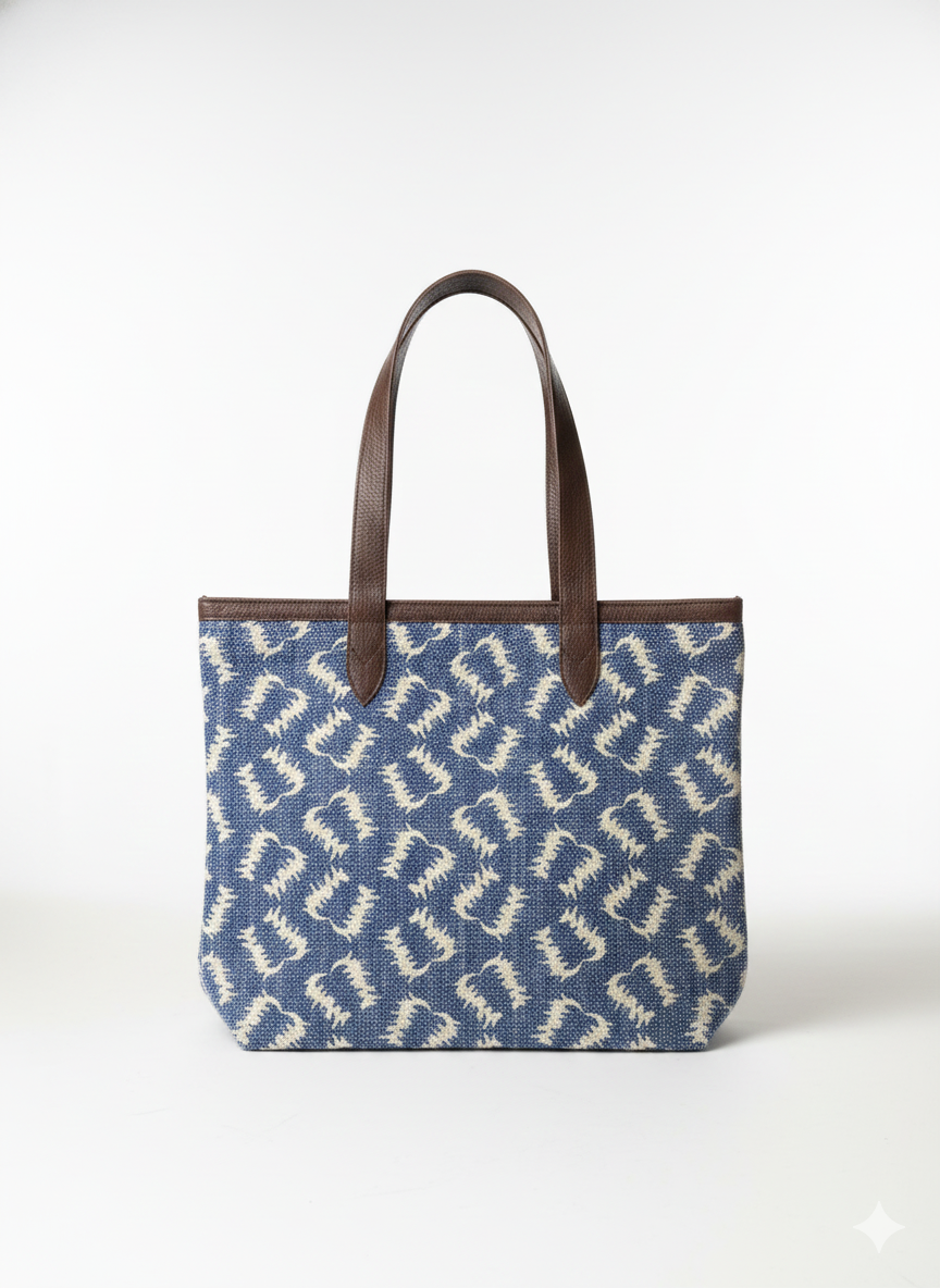 Blue Geometric Print with Brown Handle Cotton Tote Bag for Women