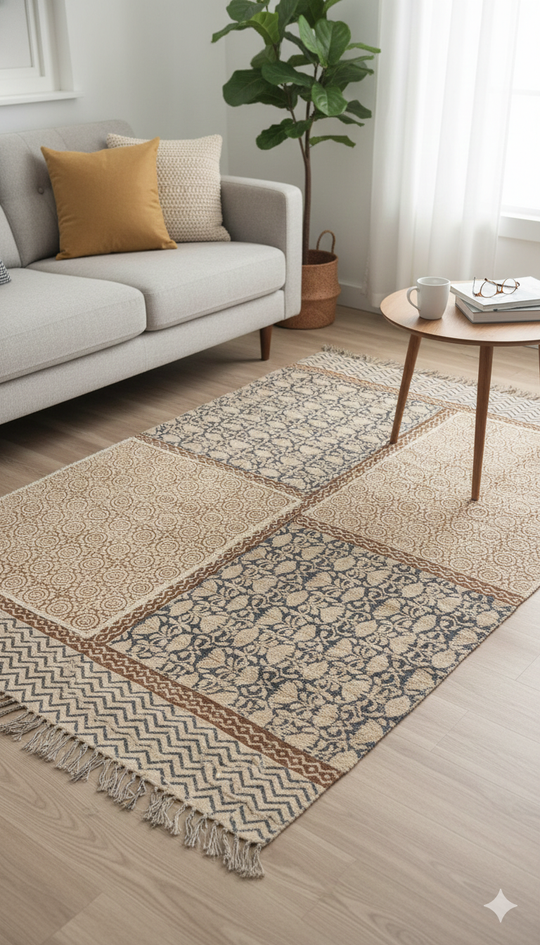 Beige Block Print Cotton With Tassels Rug