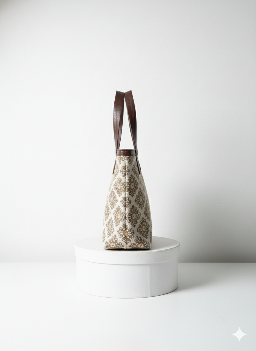 Beige Floral Print with Brown Handle Cotton Tote bag for Women