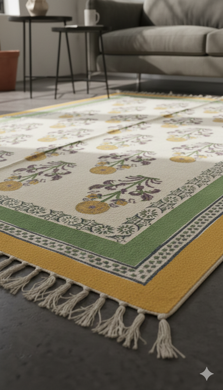 Yellow & Green Block Printed Cotton Area with Fringed Edges Rug