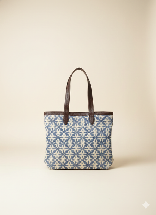 Blue Geometric floral Print Cotton Tote Bag for Women